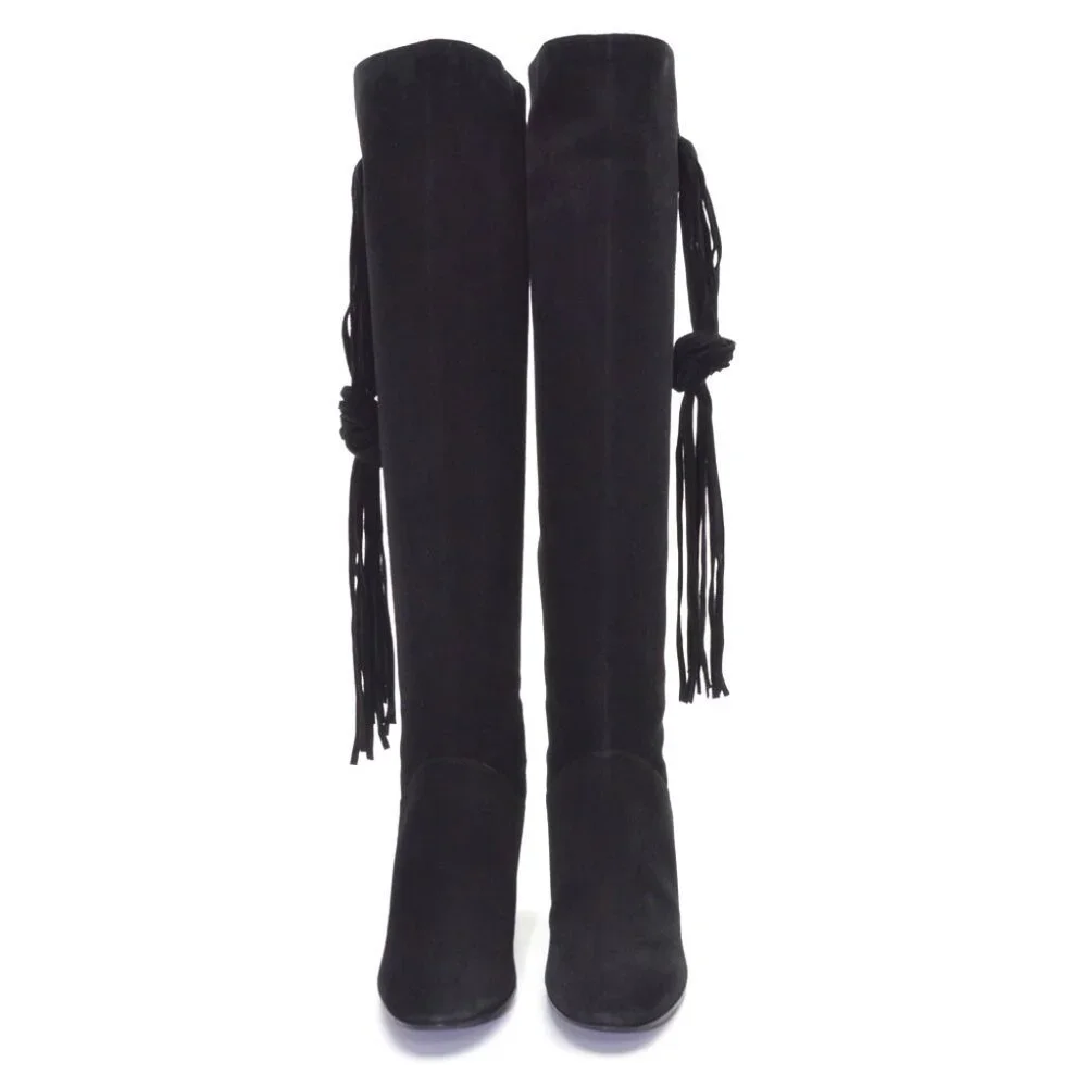 Diane B. Black Suede Fringe Over the Knee Boots 37 New